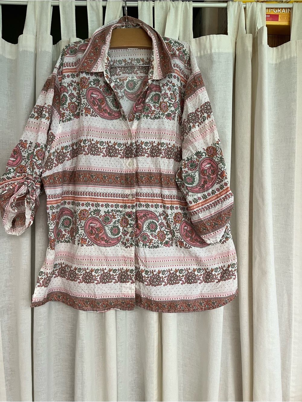 100% Cotton Rebecca Malone Pink and Brown Paisley Button-Down Shirt